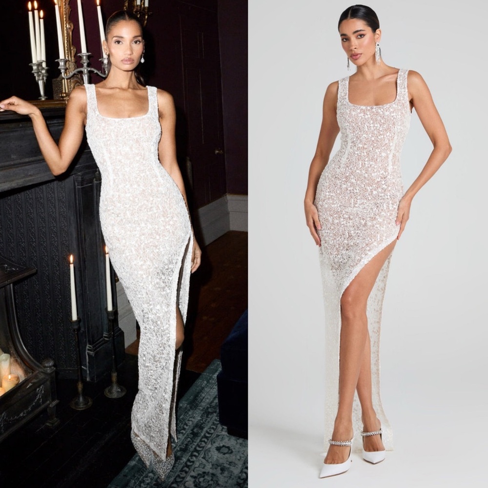 NADINE MERABI White Sequin Maxi Dress with High Thigh Slit